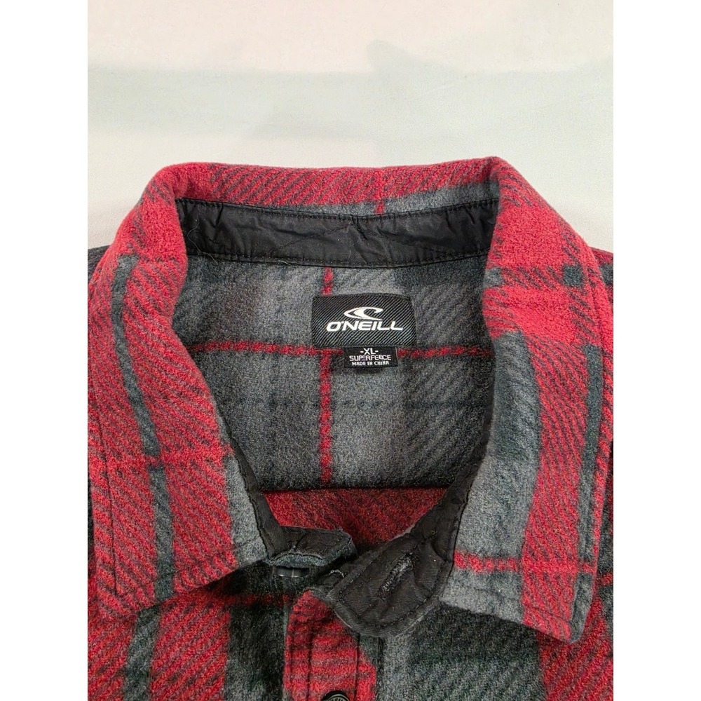 O'Neill SuperFleece Mens XL Red Grey Plaid Button Front Flannel Shirt Jacket - Picture 2 of 7